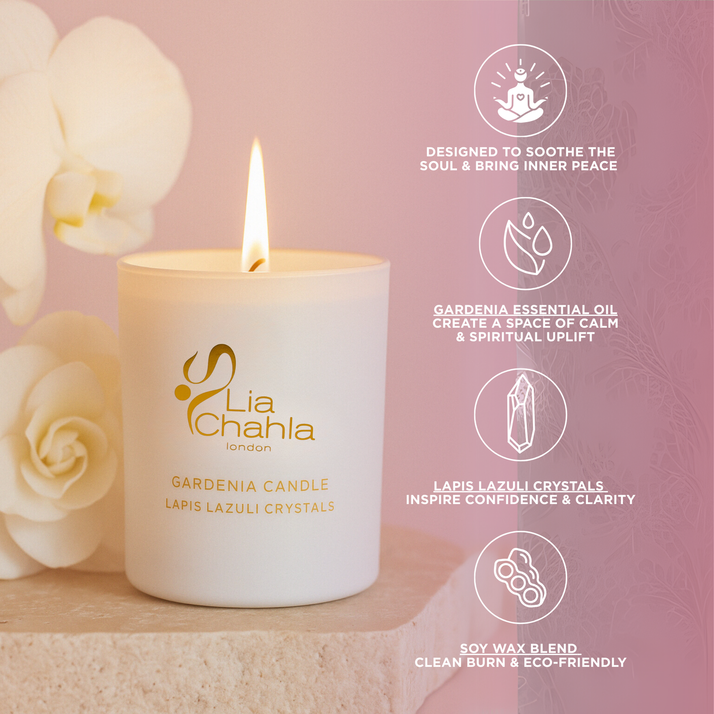 Gardenia Candle with Lapis Lazuli Crystals (60 Hrs)