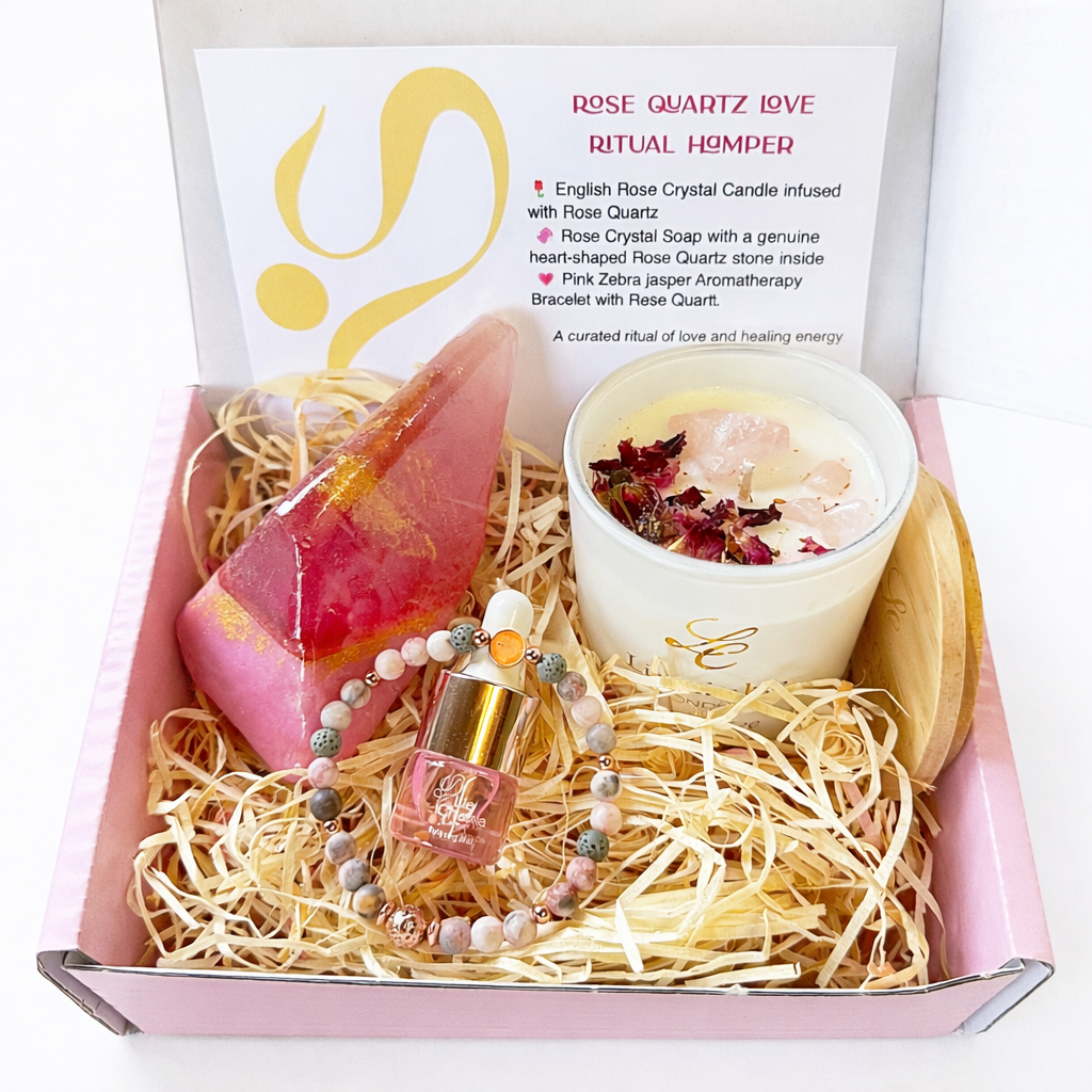Rose Quartz Love Ritual Hamper for Women - Rose Candle, Crystal Soap & Aromatherapy Bracelet