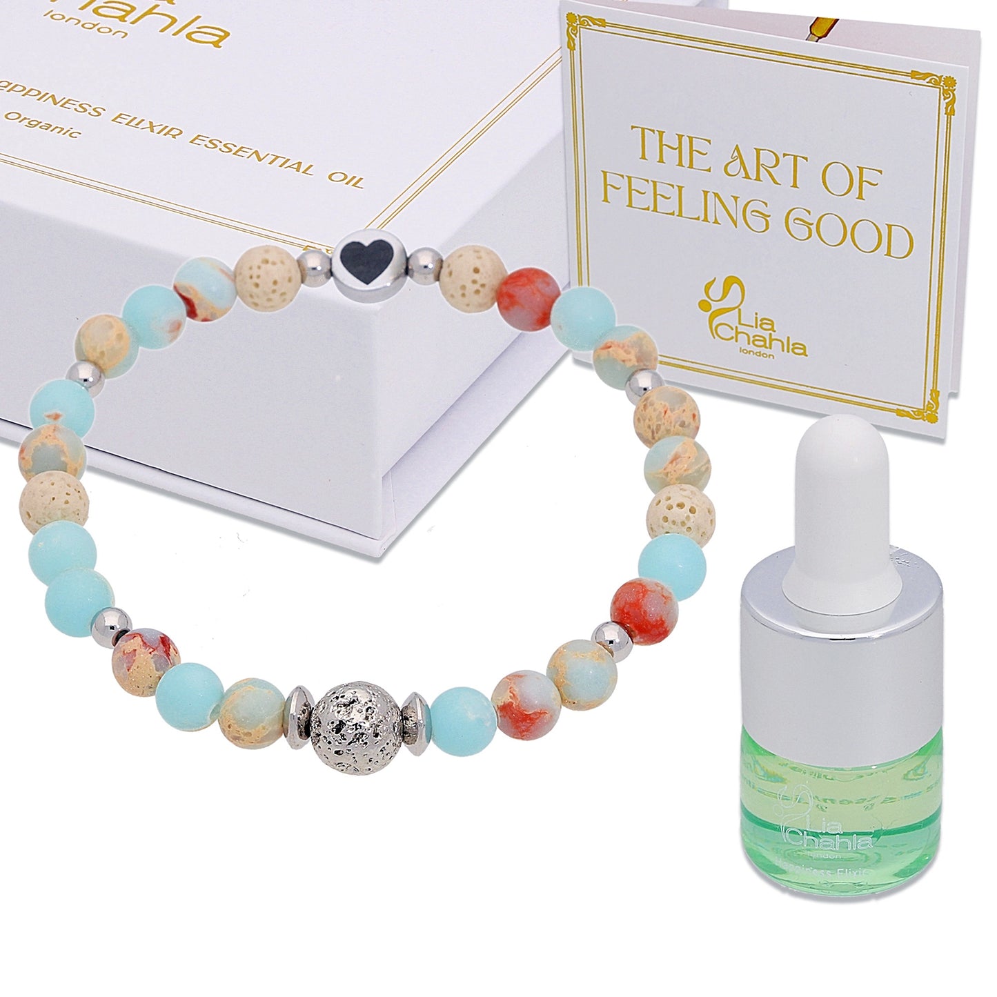 Blue Ocean Jasper Aromatherapy Bracelet with Happiness Elixir Essential Oil Gift Set