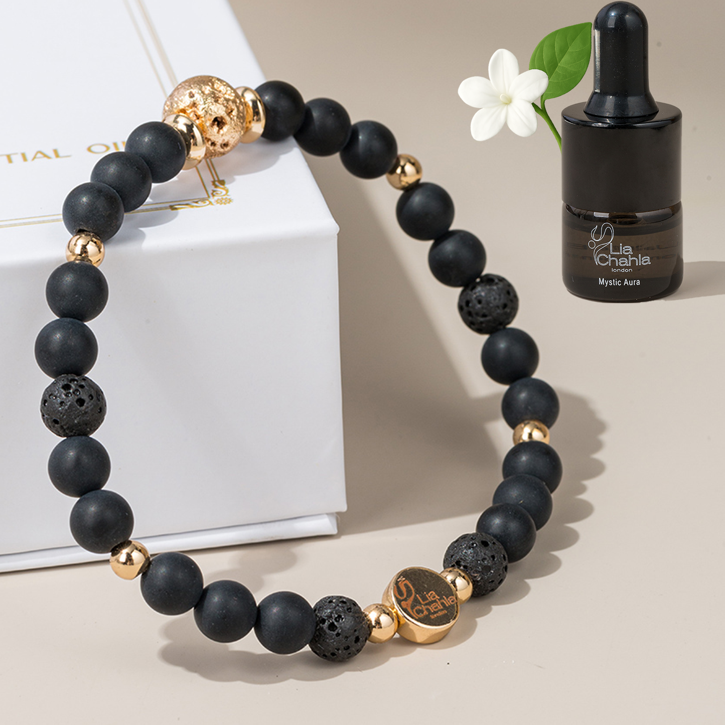 Black Onyx Aromatherapy Bracelet with Mystic Aura Essential Oil Gift Set