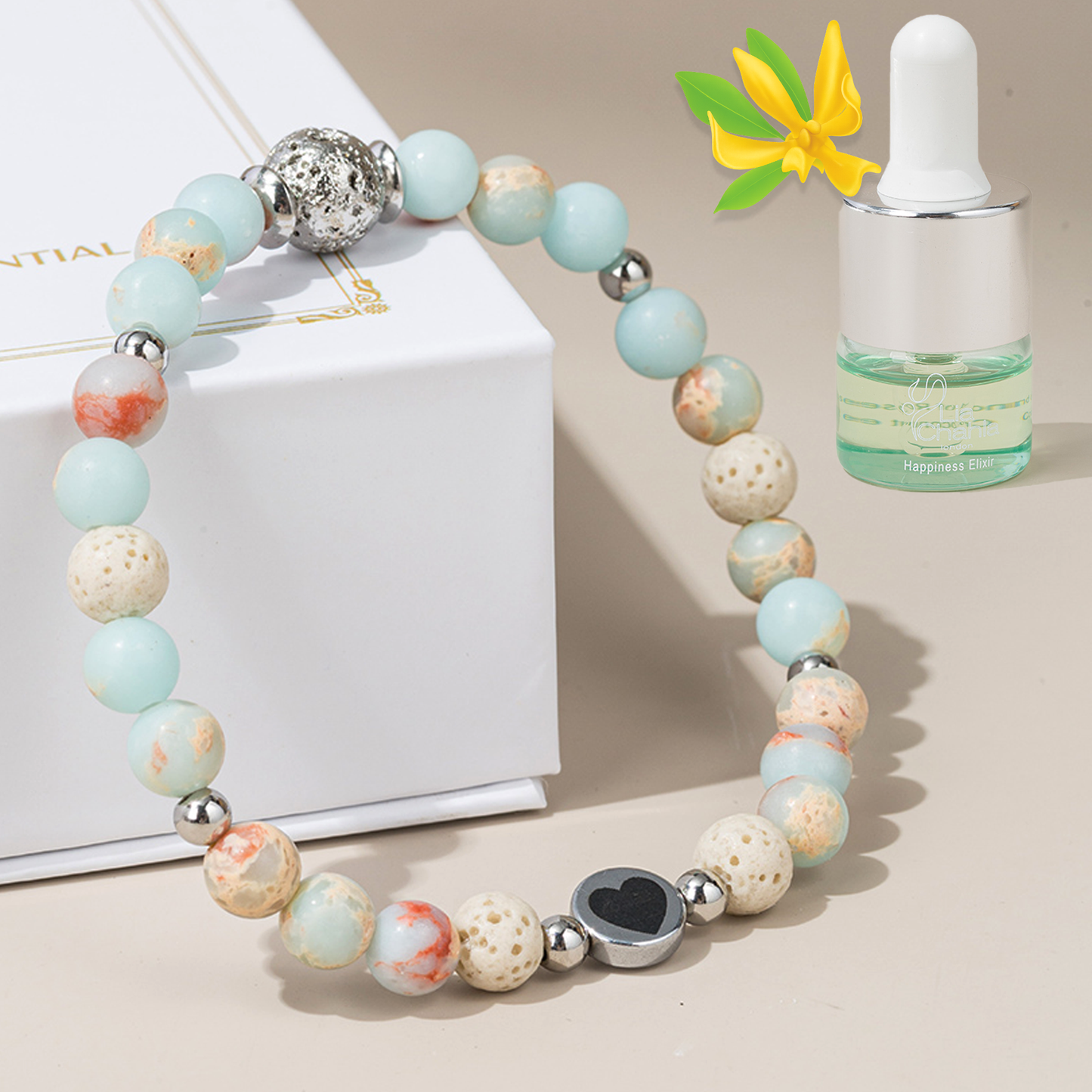 Blue Ocean Jasper Aromatherapy Bracelet with Happiness Elixir Essential Oil Gift Set