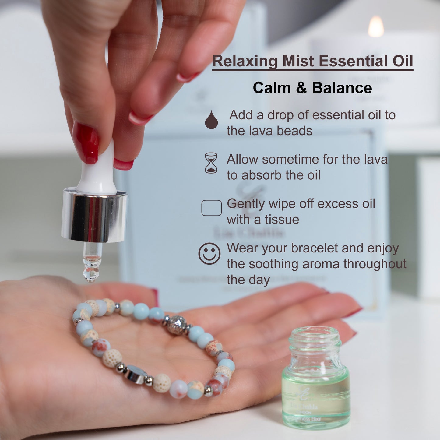 Blue Ocean Jasper Aromatherapy Bracelet with Happiness Elixir Essential Oil Gift Set for Women