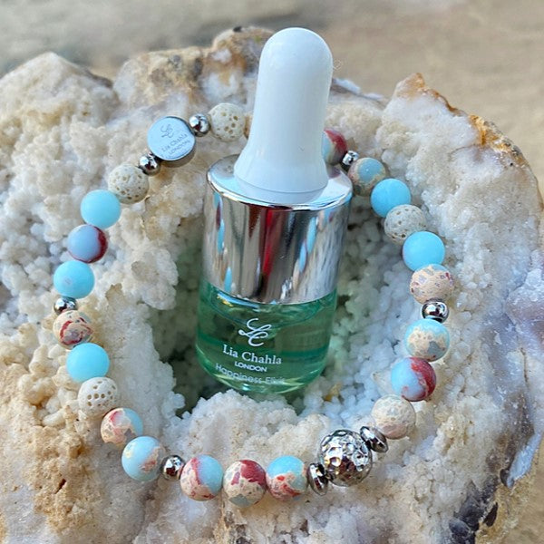 Blue Ocean Jasper Aromatherapy Bracelet with Happiness Elixir Essential Oil Gift Set for Women