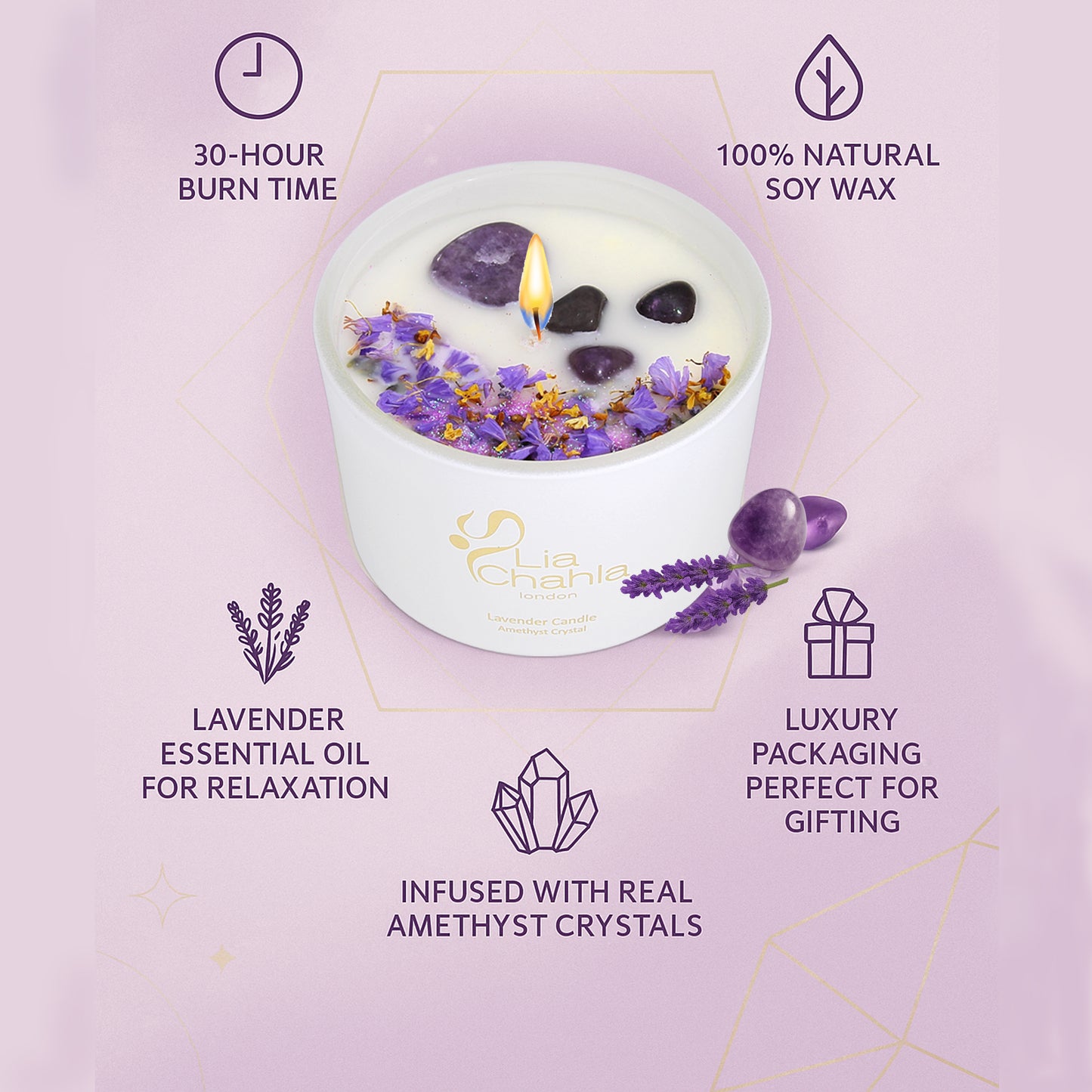 Lavender Candle with Amethyst Crystals (30 Hrs)