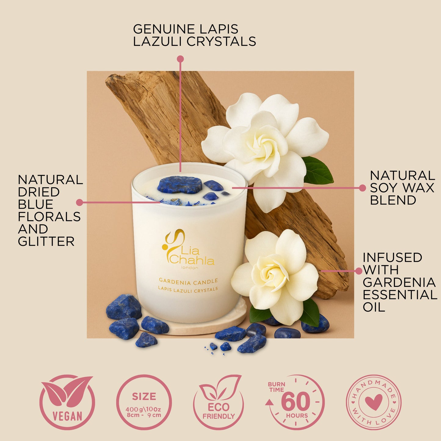 Gardenia Candle with Lapis Lazuli Crystals (60 Hrs)