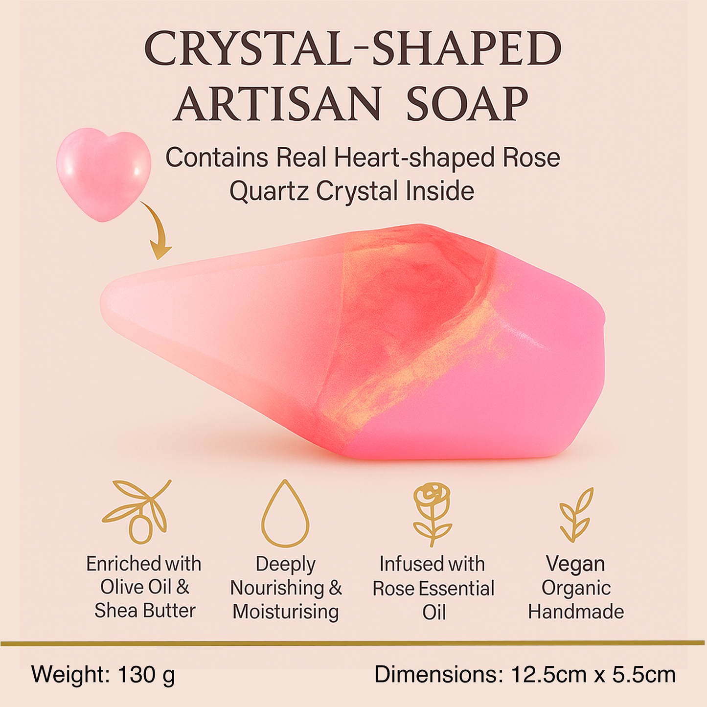 Luxury Rose Quartz Crystal Soap with Genuine Crystal Inside β Rose Scent (130g)