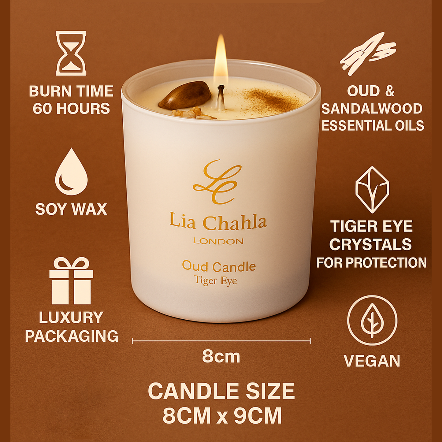 Oud Candle with Tiger Eye Crystal (60 Hrs)