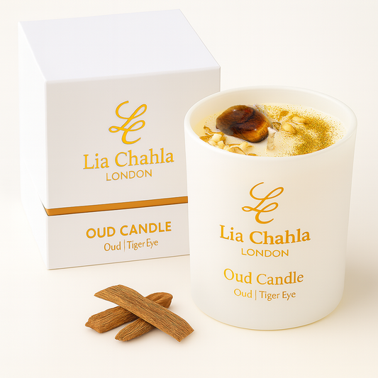 Oud Candle with Tiger Eye Crystal (60 Hrs)