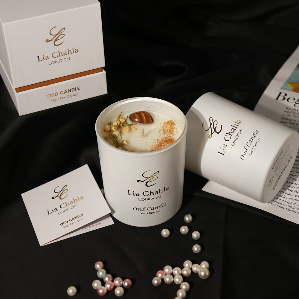 Oud Candle with Tiger Eye Crystal (60 Hrs)