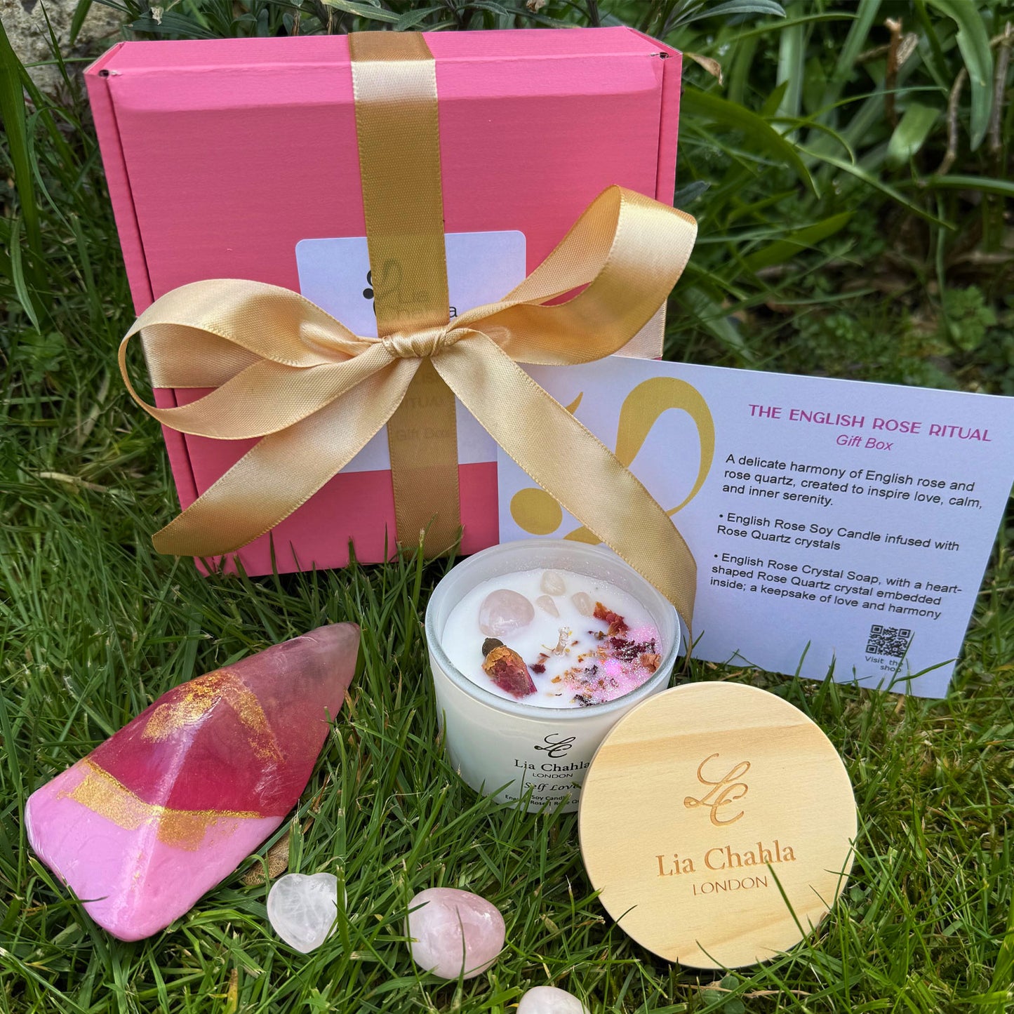 The English Rose Ritual Gift Box – Luxury Rose Quartz Candle & Crystal Soap Set