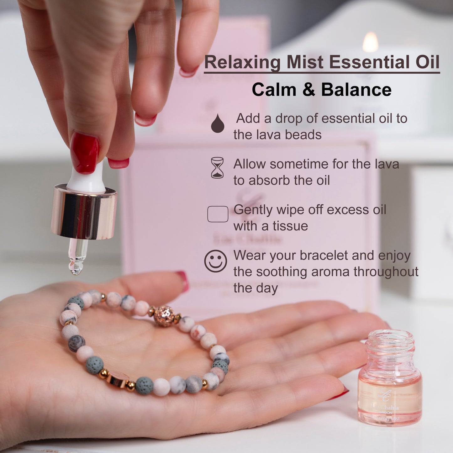 Pink Zebra Jasper Aromatherapy Bracelet with Relaxing Mist Essential Oil Gift Set for Women