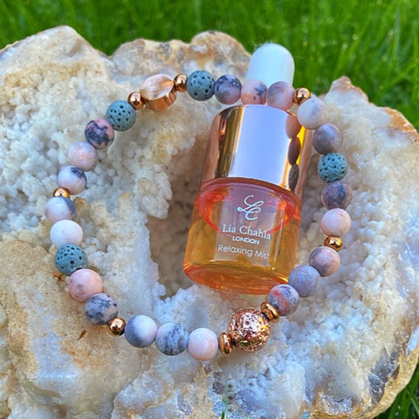 Pink Zebra Jasper Aromatherapy Bracelet with Relaxing Mist Essential Oil Gift Set for Women