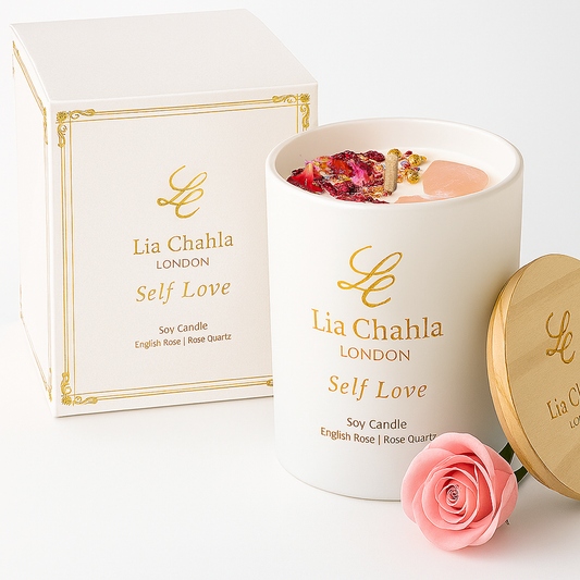 English Rose Candle with Rose Quartz Crystals (60 Hrs)