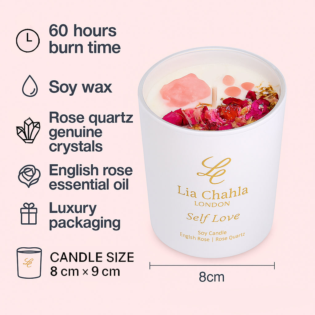 English Rose Candle with Rose Quartz Crystals (60 Hrs)