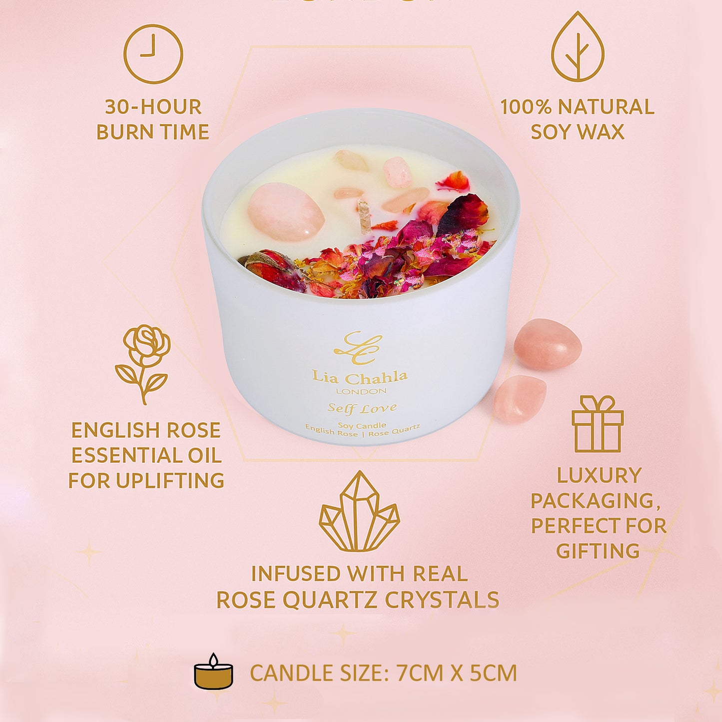 English Rose Candle with Rose Quartz Crystals (30 Hrs)