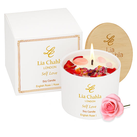 English Rose Candle with Rose Quartz Crystals (30 Hrs)