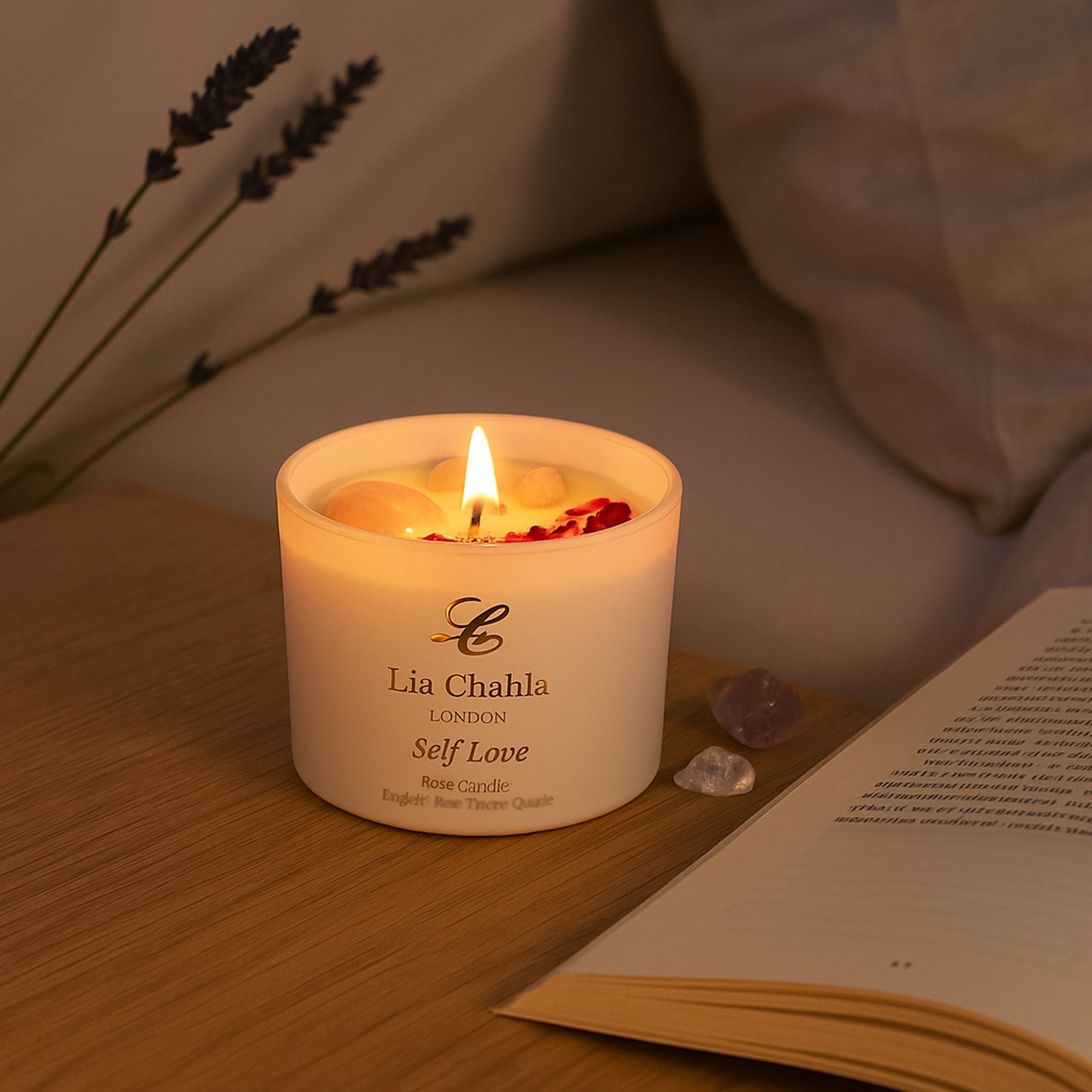 English Rose Candle with Rose Quartz Crystals (30 Hrs)