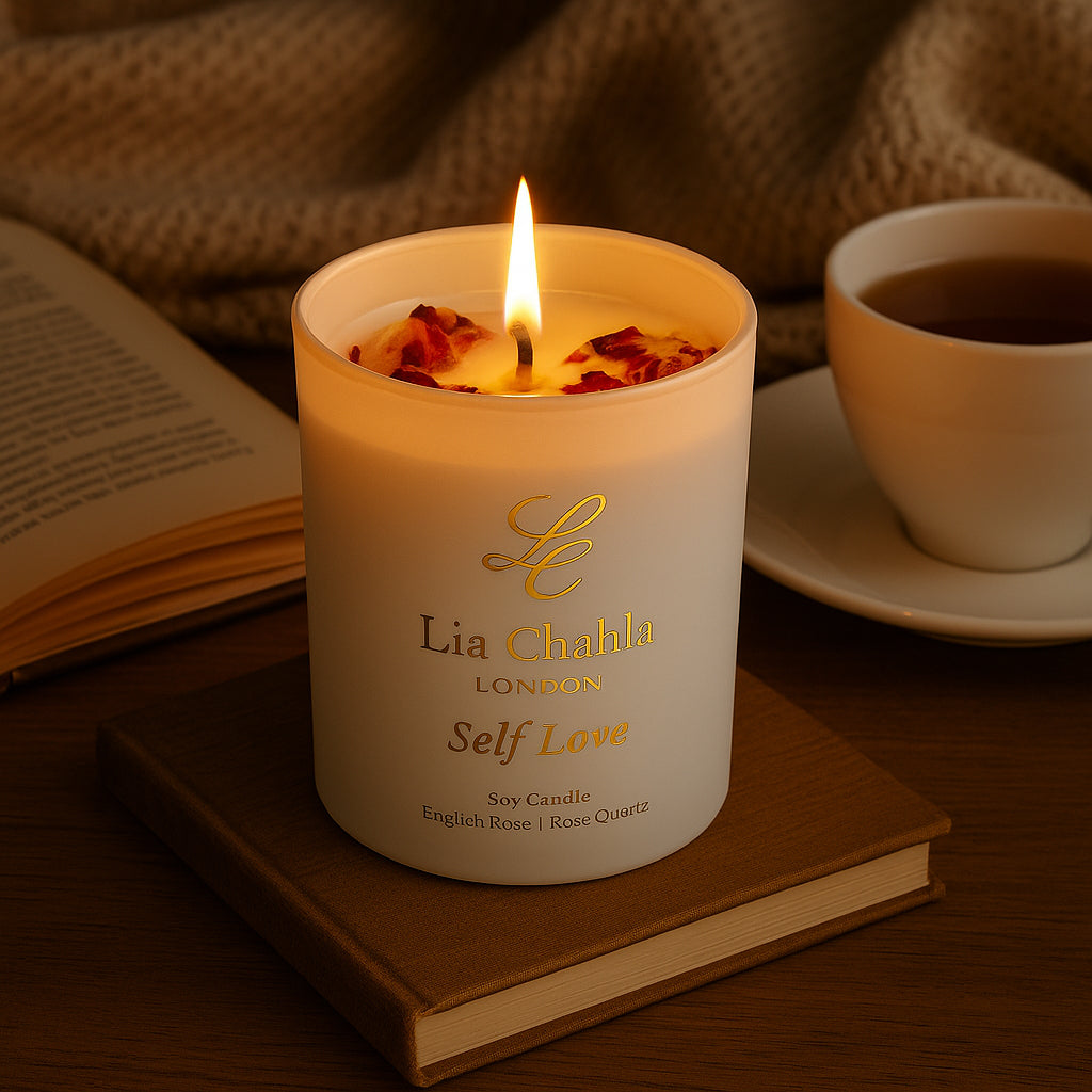 English Rose Candle with Rose Quartz Crystals (60 Hrs)