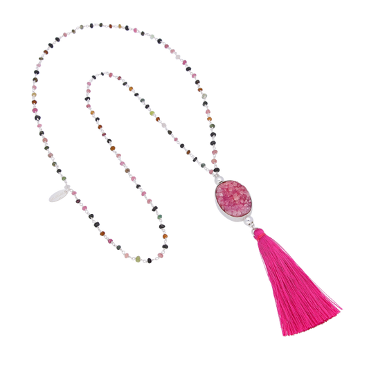 Clearance - Pink Druzy Tassel Necklace