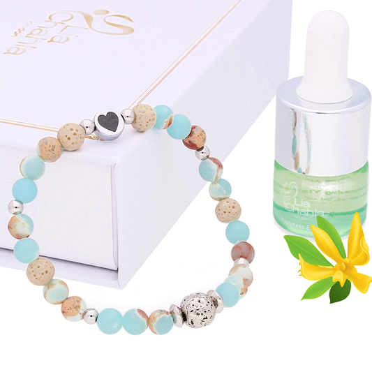 Blue Ocean Jasper Aromatherapy Bracelet with Happiness Elixir Essential Oil Gift Set