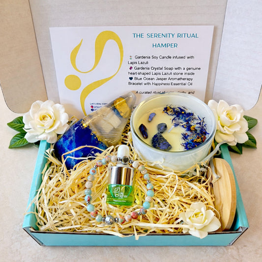 The Serenity Ritual Hamper for Women & Men – Luxury Gardenia Candle, Aromatherapy Bracelet & Crystal Soap  Gift Set