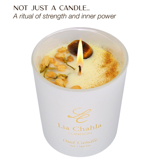 Oud Candle with Tiger Eye Crystal (60 Hrs)