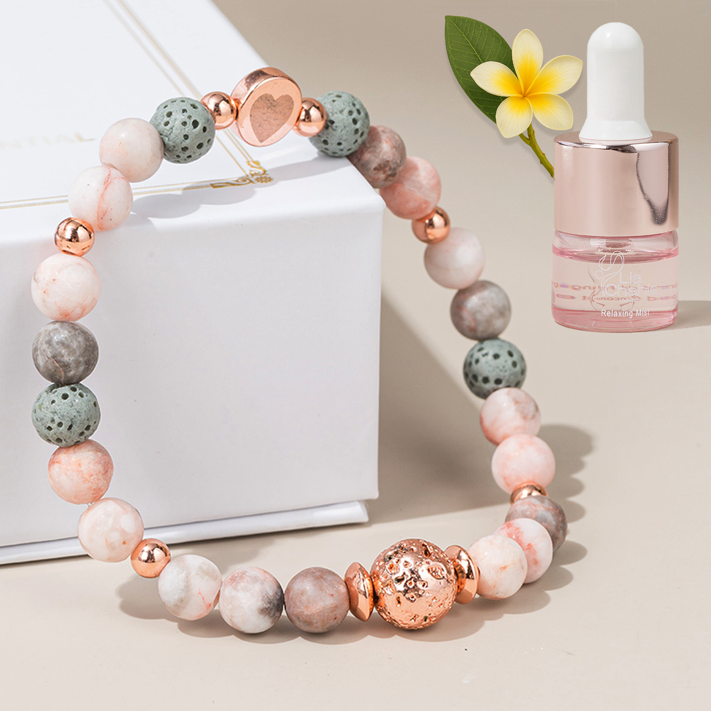 Pink Zebra Jasper Aromatherapy Bracelet with Relaxing Mist Essential Oil Gift Set