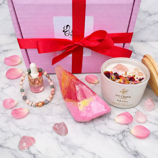 Rose Quartz Love Ritual Hamper for Women - Rose Candle, Crystal Soap & Aromatherapy Bracelet